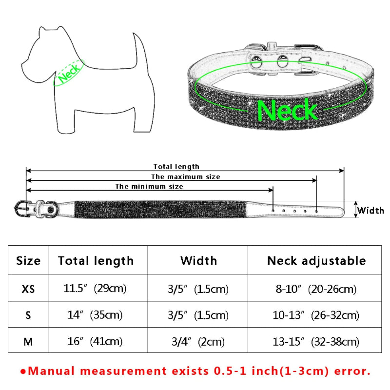 Dog collar with measurement chart on a white background