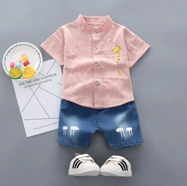 Toddler Boys Summer Outfit | Cartoon Shirt & Denim Shorts Set