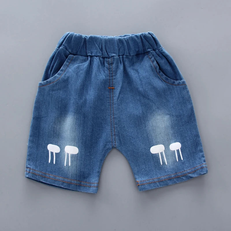 Toddler Boys Summer Outfit | Cartoon Shirt & Denim Shorts Set