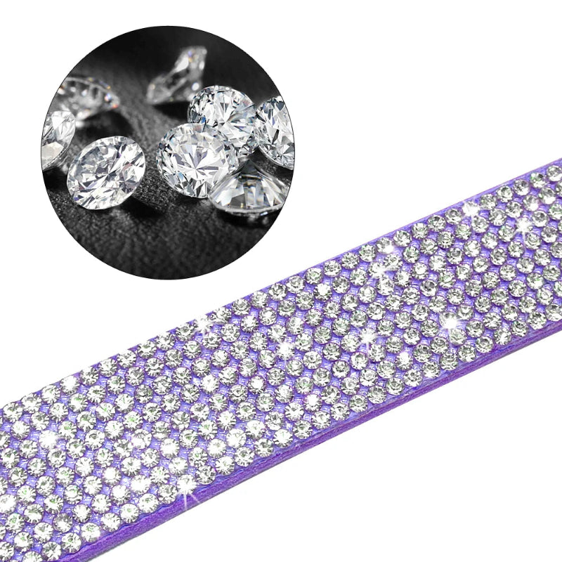 Purple ribbon with clear rhinestones and close-up inset showing rhinestones.
