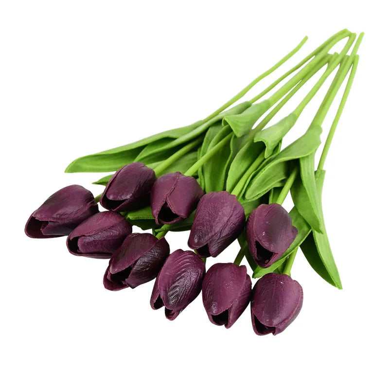 10PCS real touch artificial tulip flower bouquet for wedding, home, or garden decoration-purple dark