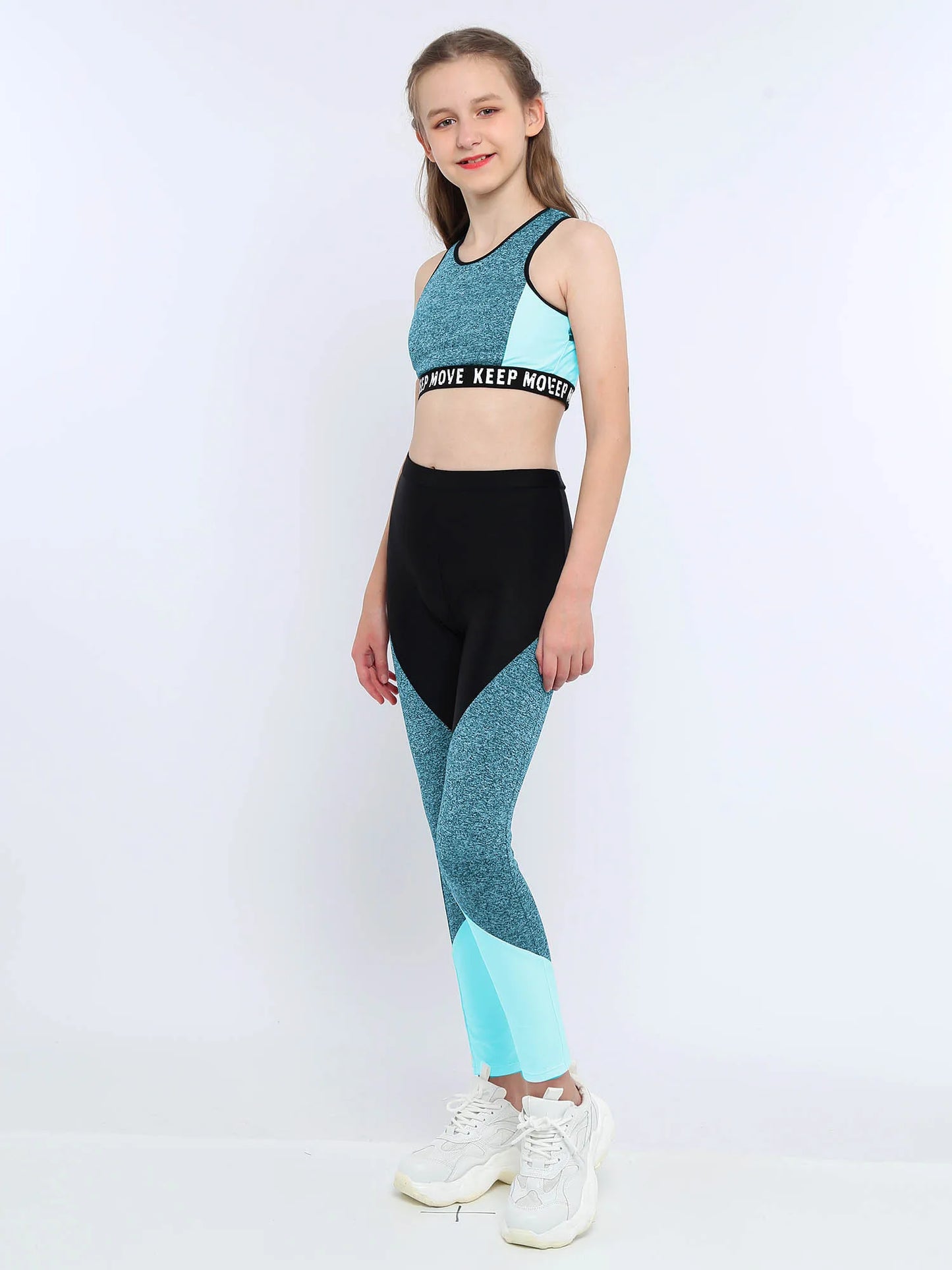 Girl wearing a colorful sports outfit with a white background