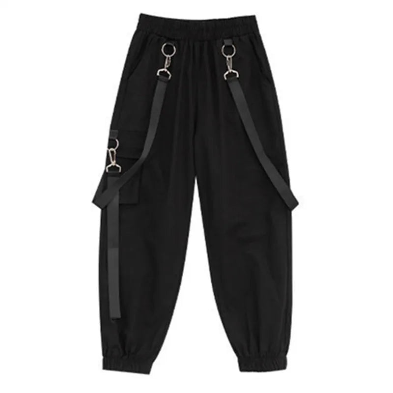 Black pants with suspenders on a white background