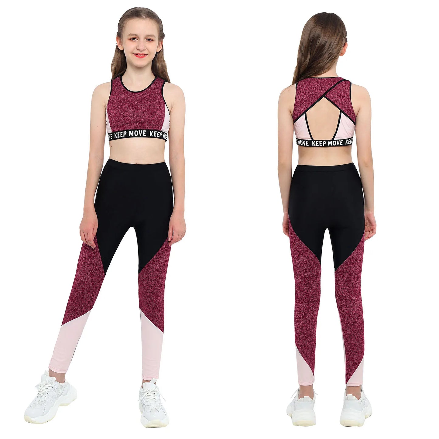 Girl wearing a maroon and black athletic outfit with pink accents, shown from front and back.