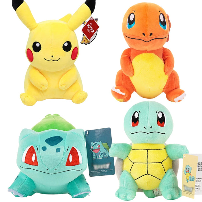 Cute Pokémon plush toys including Charmander, Squirtle, Bulbasaur, and Pikachu stuffed dolls – soft, kawaii style, perfect for kids and collectors  -multi