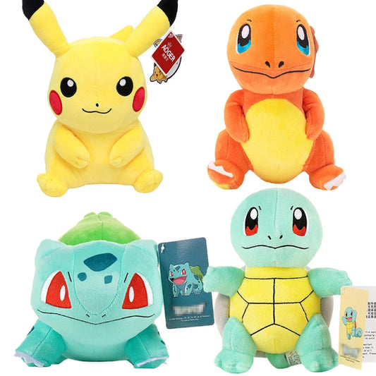 Cute Pokémon plush toys including Charmander, Squirtle, Bulbasaur, and Pikachu stuffed dolls – soft, kawaii style, perfect for kids and collectors  -multi