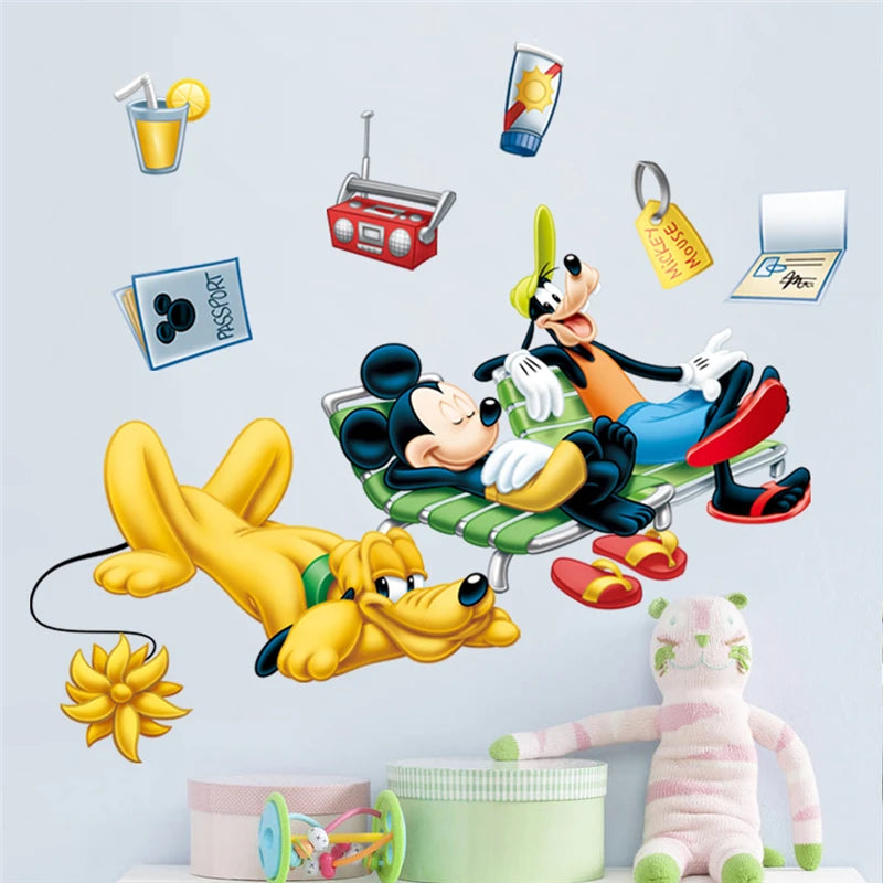 Cartoon wall stickers of Mickey Mouse and friends on a light blue background
