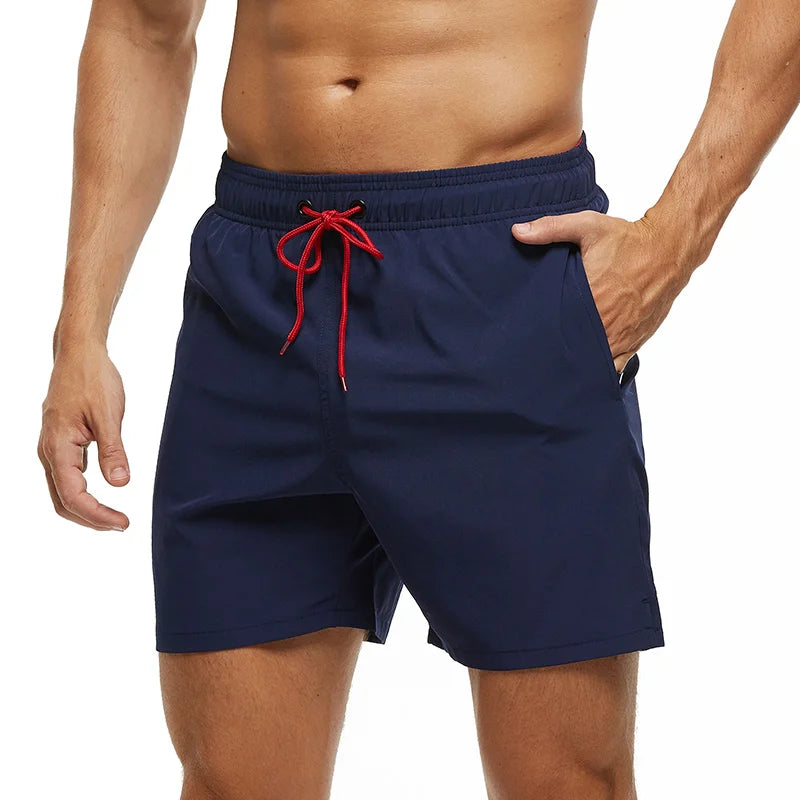 Escatch men’s quick dry swim trunks with zipper pockets and mesh lining in stylish beachwear design blue red