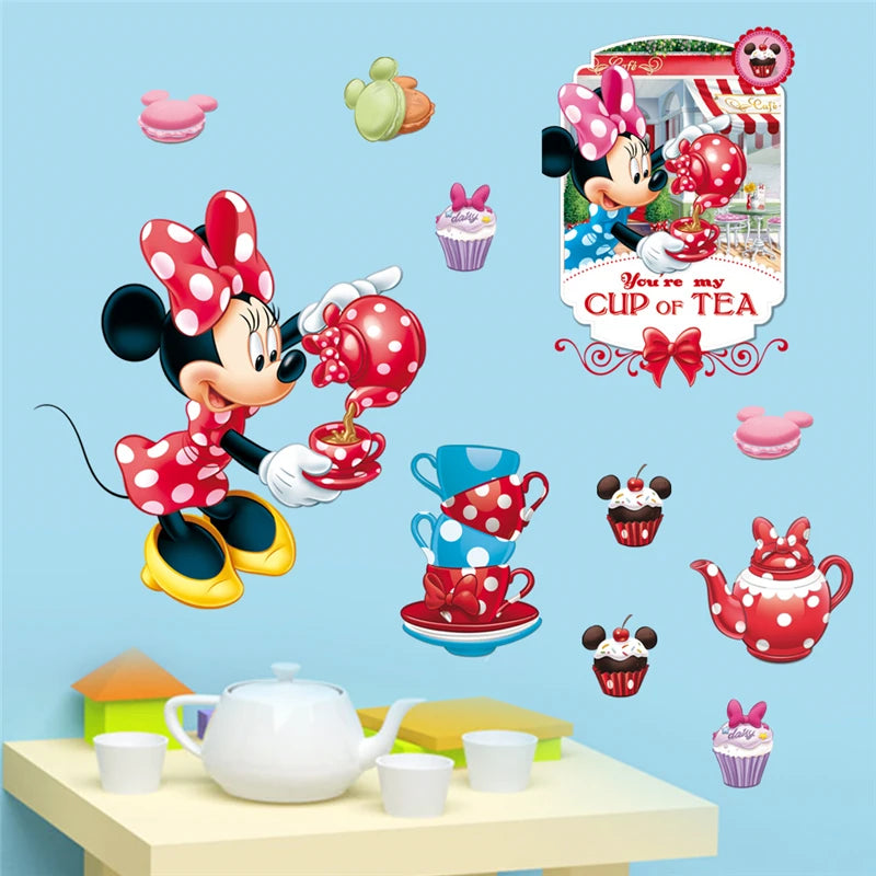 Minnie Mouse wall stickers with tea set and cupcake design on a blue background