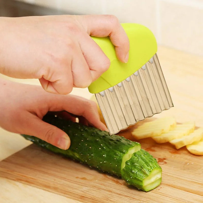 Stainless steel wavy potato cutter and French fry chopper kitchen tool for making crisp, uniform fries easily-cucumber