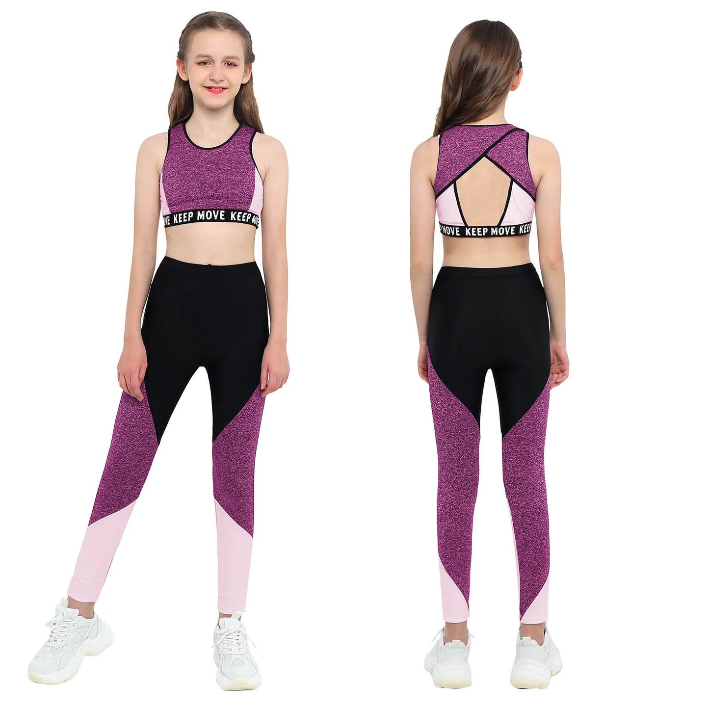 Girl wearing a purple and black sports outfit with 'Keep Move Keep' text, front and back views.