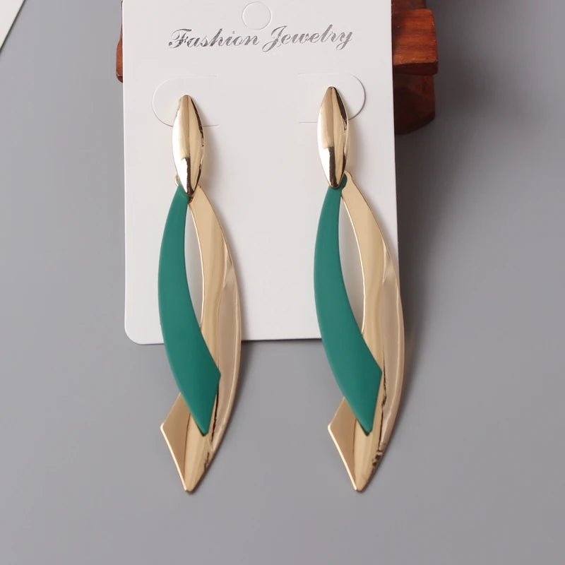 European Statement Geometric Leaf Drop Earrings - green 2