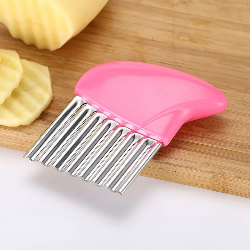 Stainless steel wavy potato cutter and French fry chopper kitchen tool for making crisp, uniform fries easily pink