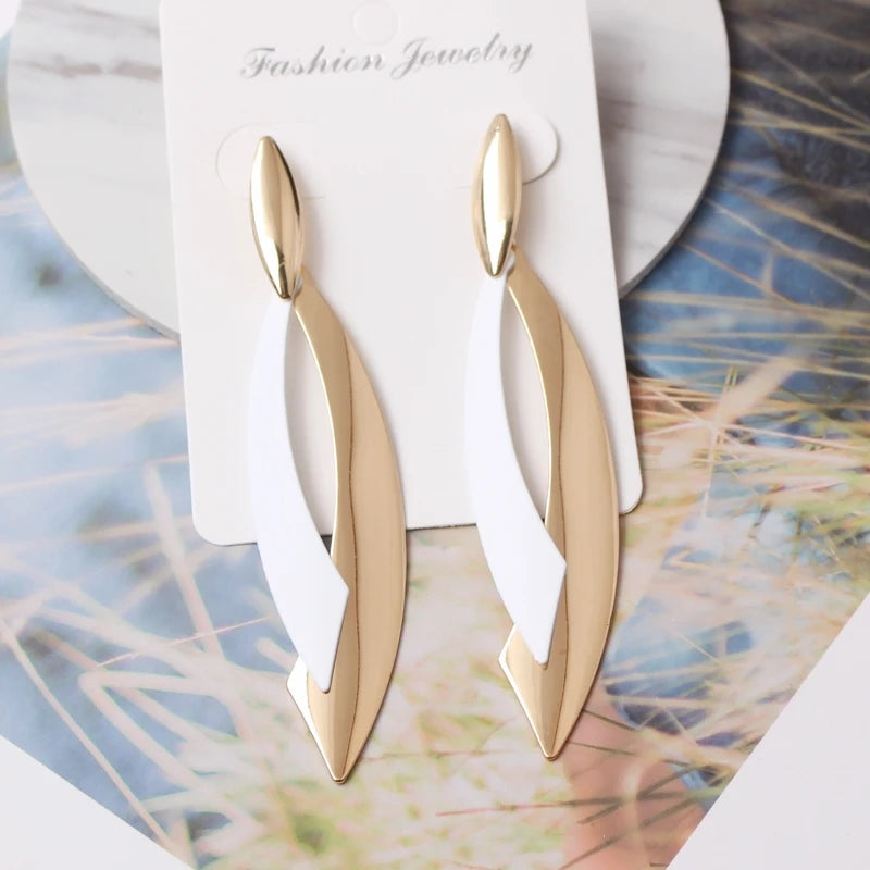 European Statement Geometric Leaf Drop Earrings - white 02