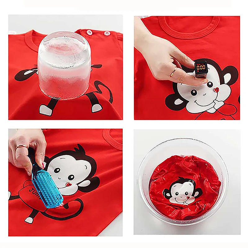 Red shirt with cartoon monkey design being washed, showing ice cube, digital timer, brush, and final clean state.