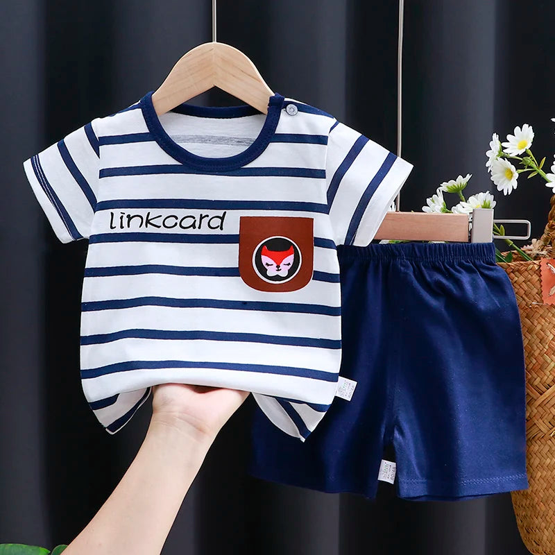 Children's striped shirt and shorts set with 'linkcard' branding on a dark background