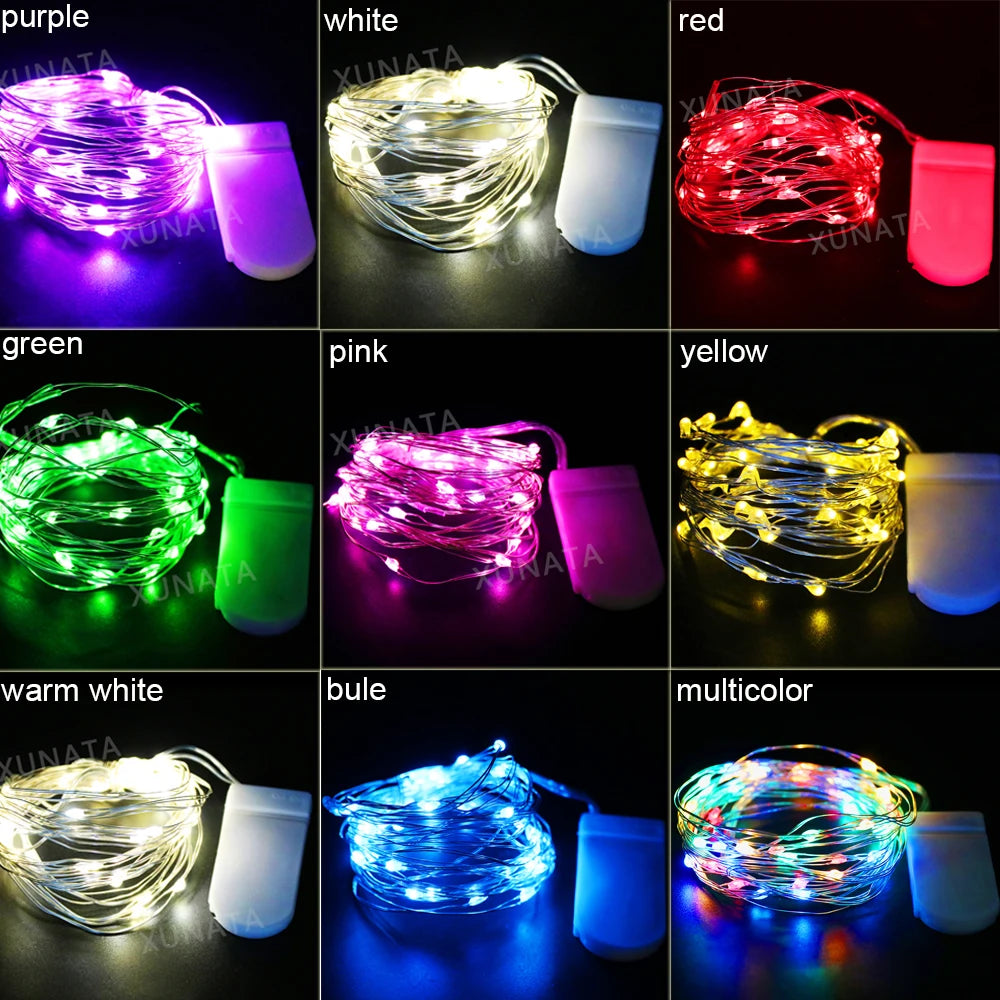 20 and 40 LED copper wire fairy lights glowing in warm white, battery operated for Christmas, wedding, and indoor decoration 9 colors