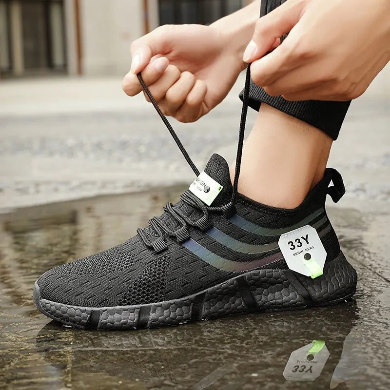 Men’s black breathable mesh lightweight sport sneakers for running, jogging, walking, and casual wear - complete black