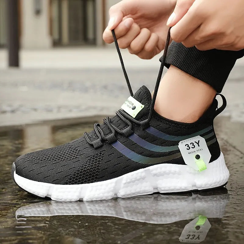 Men’s black breathable mesh lightweight sport sneakers for running, jogging, walking, and casual wear - black and white