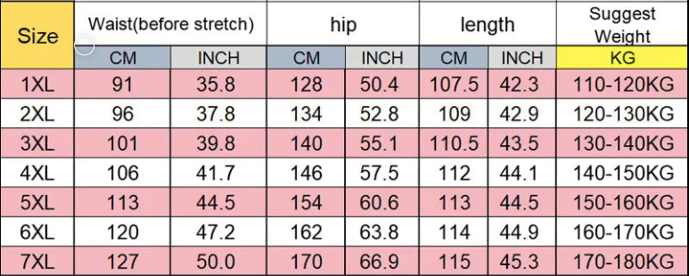 Measurement chart for clothing sizes with waist, hip, and length measurements in centimeters and inches, along with suggested weights in kilograms.
