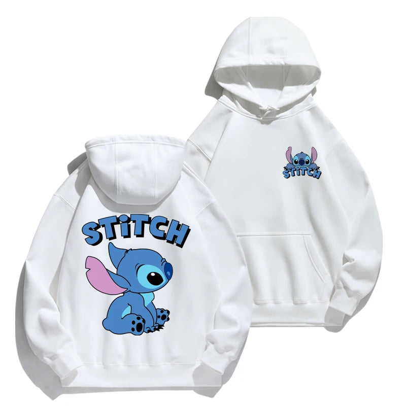 Loose fit Stitch cartoon hoodie with anime design, cozy for autumn/winter, perfect for couples or fans of cute American-style hoodies white and blue stitch