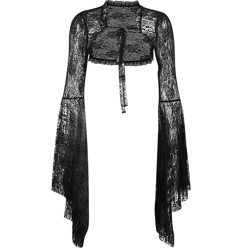 Black lace long-sleeve top on a white background