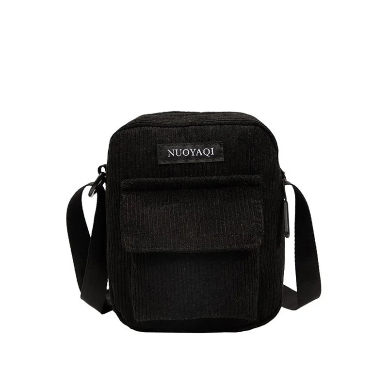 Striped corduroy fabric shoulder bag with zipper and crossbody strap, casual canvas tote for women black