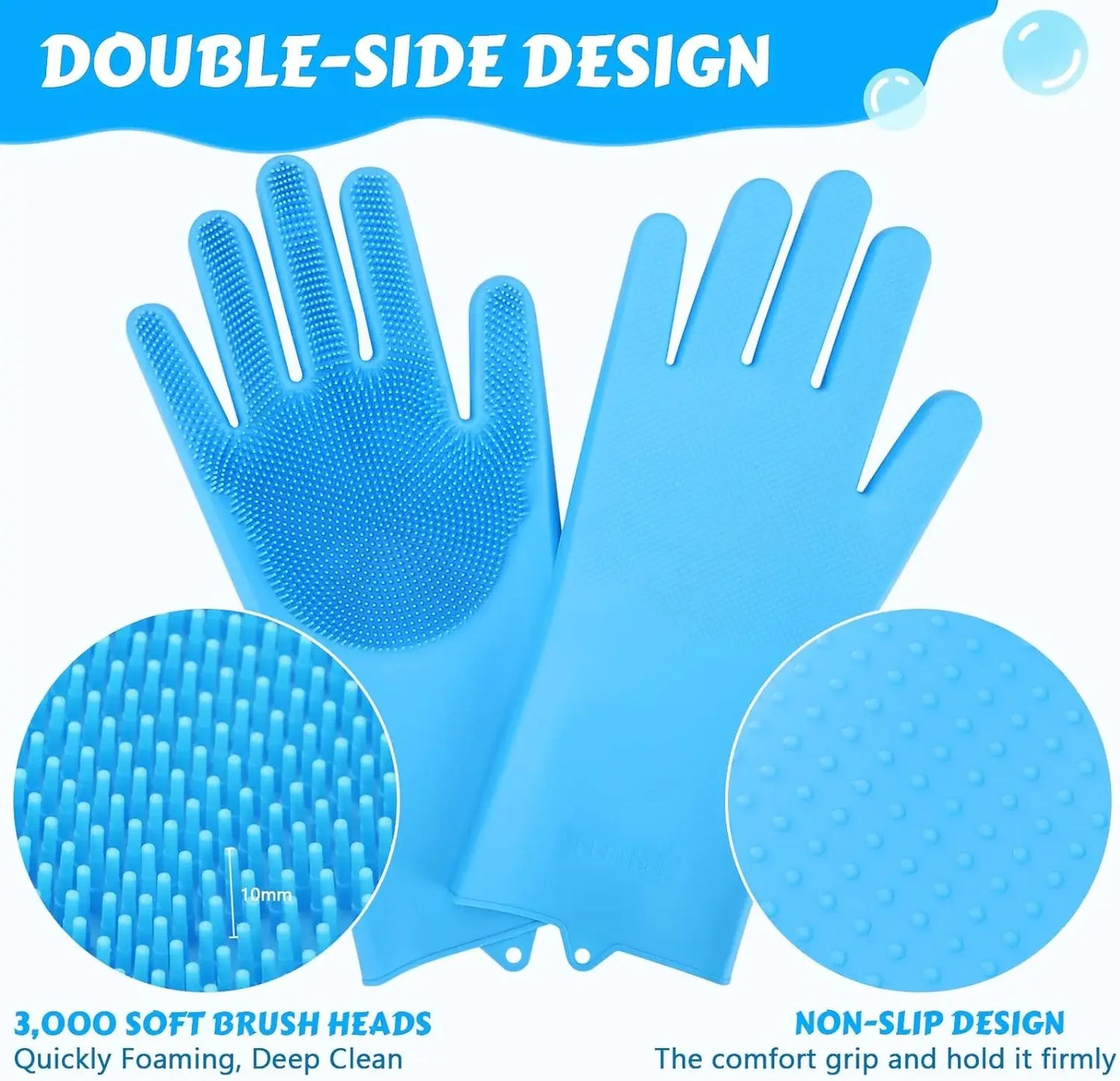 Blue cleaning gloves with double-side design, soft brush heads, and non-slip design on a white background.