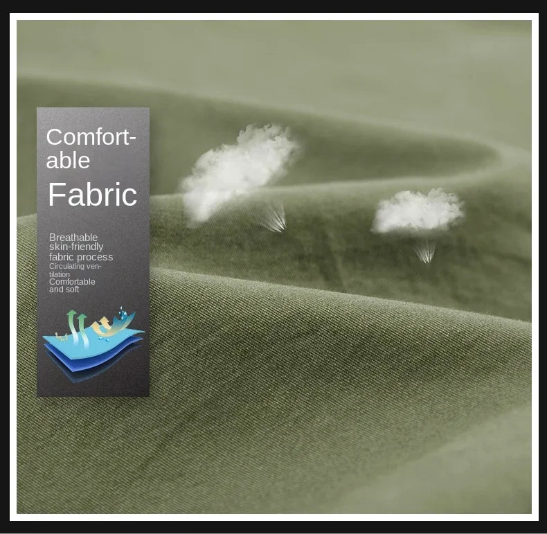 Green fabric with breathable text and fabric process illustration on a gray background