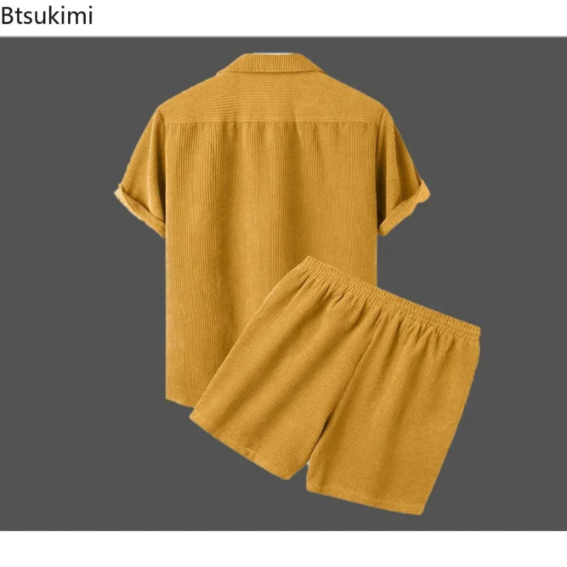 Yellow corduroy shirt and shorts set on a gray background with 'Btsukimi' branding.