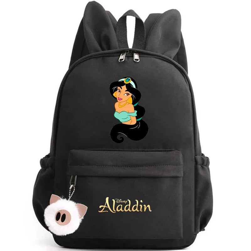 Black backpack with Aladdin character design and 'Aladdin' branding on a white background
