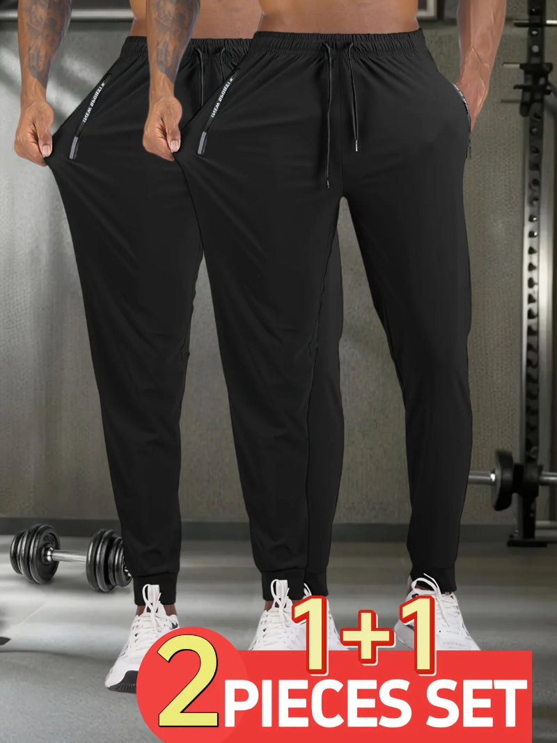 Black jogger pants being modeled in a gym setting with promotional text overlay.