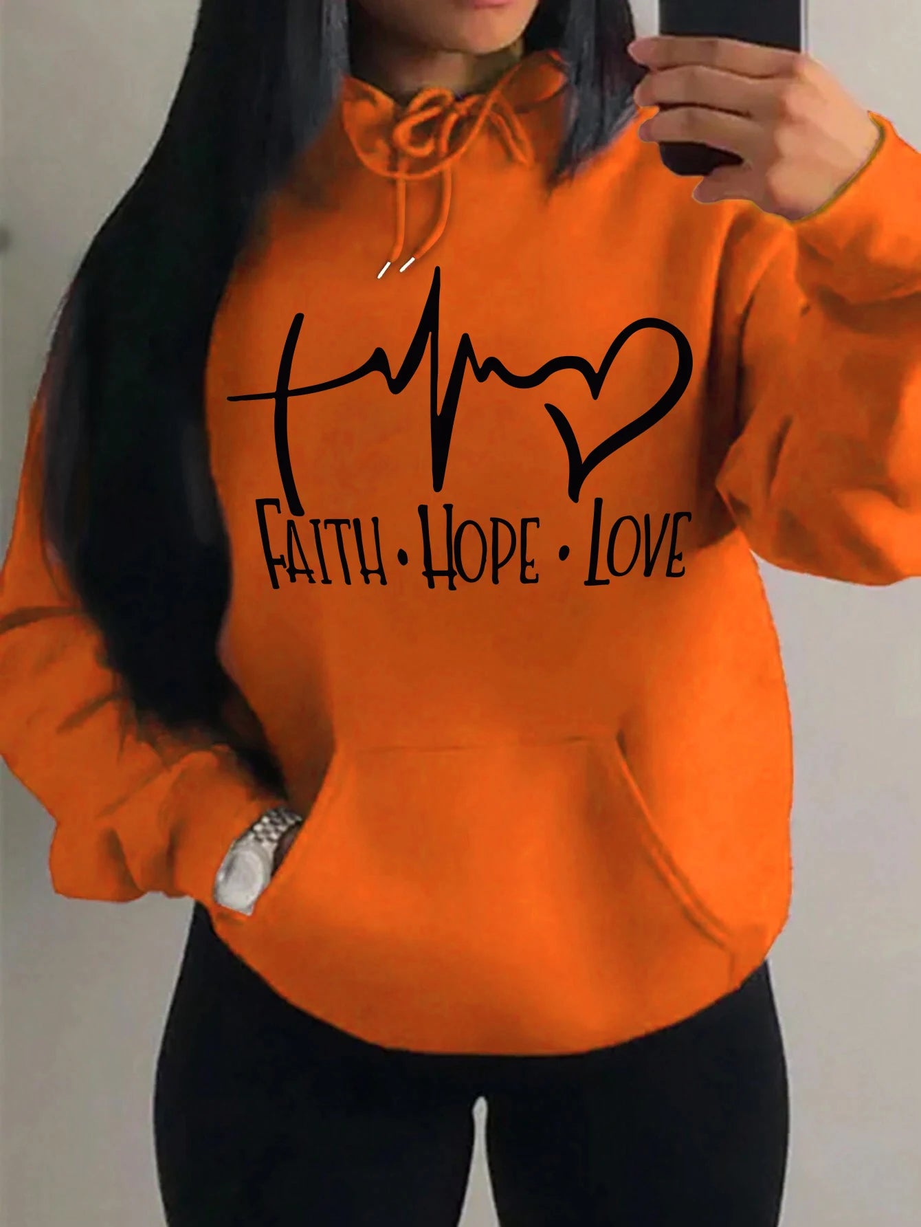 Faith Hope Love Letter Graphic Women’s Hoodie - Street Casual Sweatshirt-orange