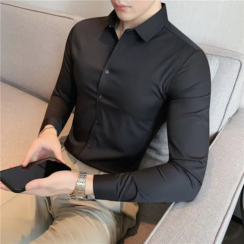 Plus size men’s seamless long sleeve slim fit shirt in high elasticity fabric, available from M to 4XL, suitable for casual and formal occasions.- 7