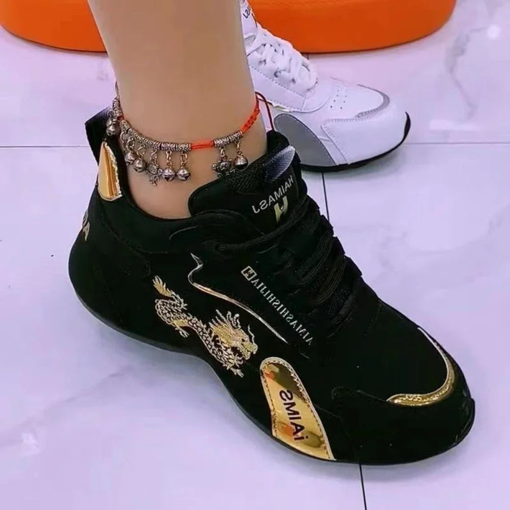 Women’s 2024 designer leather sneakers, lightweight waterproof breathable casual sports platform shoes gold and black