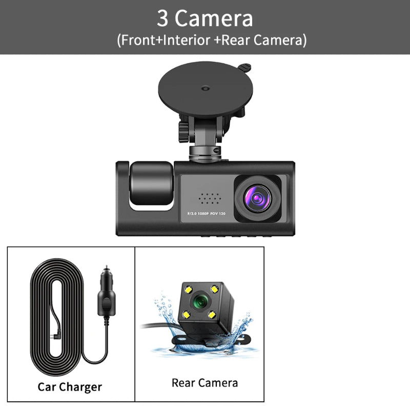 3-channel car dash camera with 1080P HD recording, 3-lens system for front, inside, and rear coverage – perfect for driving safety and surveillance - 3 camera front interior rear