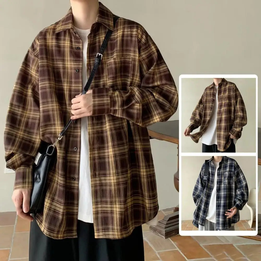 Men’s retro plaid print shirt jacket with lapel collar, long sleeves, and single-breasted pocket for casual wear - 2  two colors