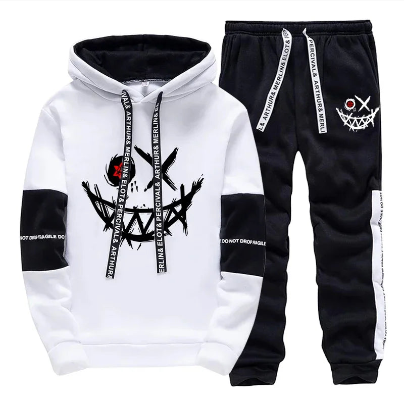 White hoodie and black pants set with graphic designs on a white background