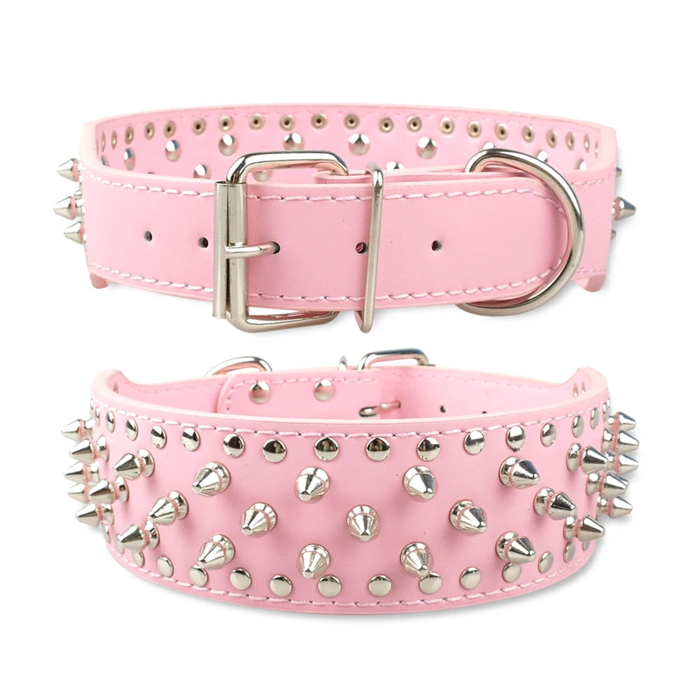 Spiked Studded Leather Dog Collar - pink