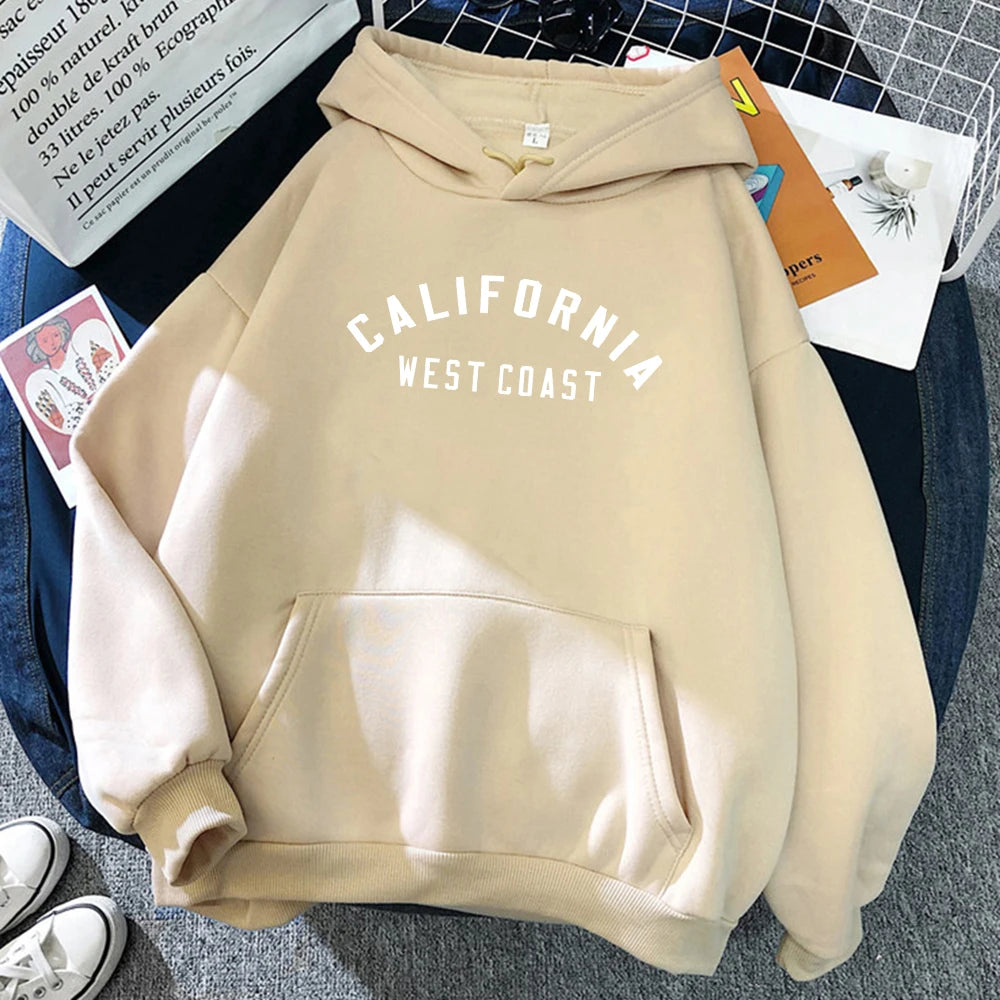 Women's California West Coast loose hoodie with creative pattern and fleece lining -beige 2