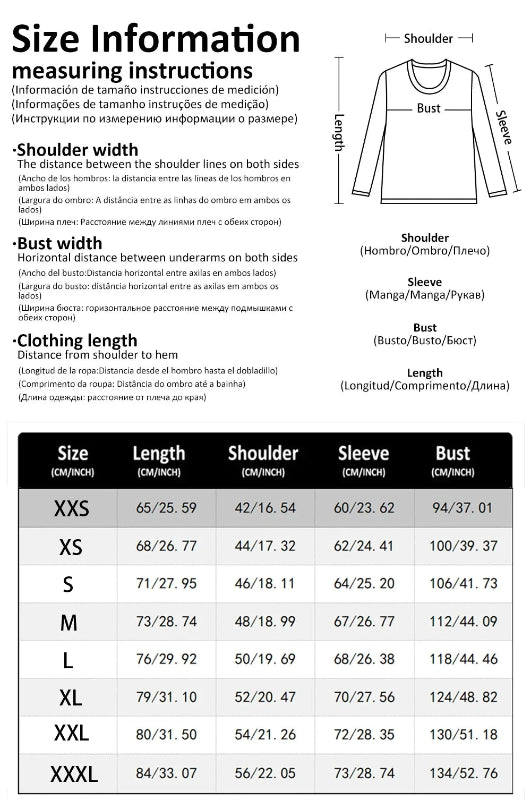 Size chart and measurement instructions for a long-sleeve shirt with labeled parts.