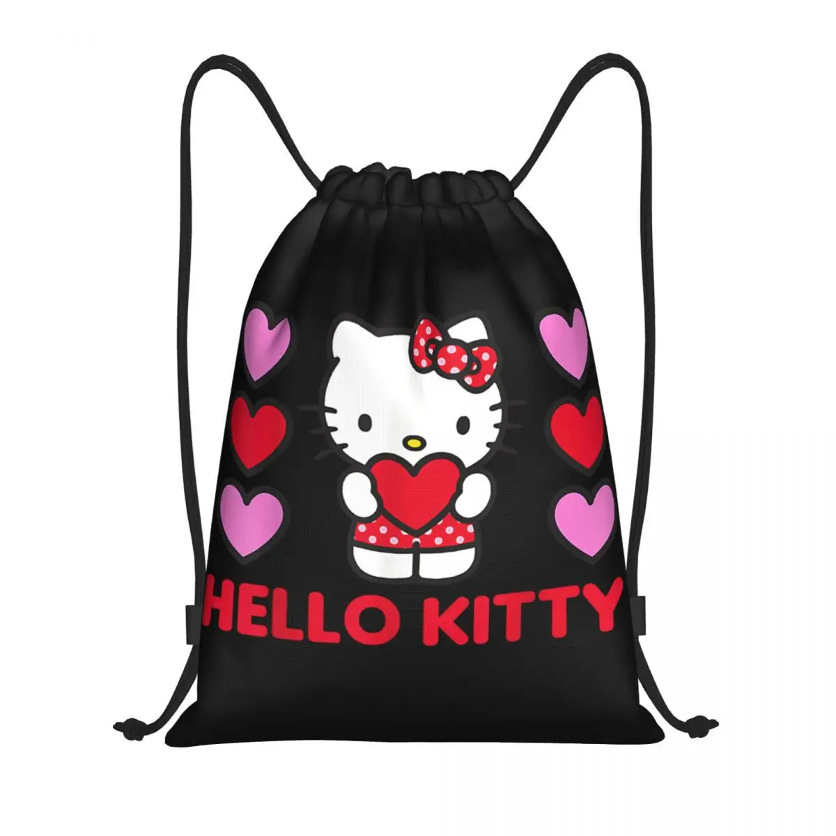 Custom Hello Kitty Cat Drawstring Backpack - black hearts