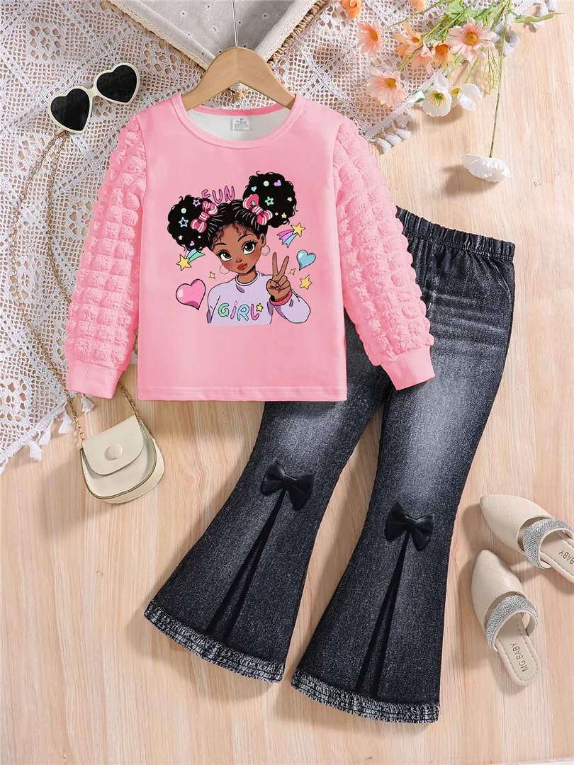 Girls' spring and autumn fashion set with white cartoon long sleeve top and solid color slimming pants, two-piece outfit pink black