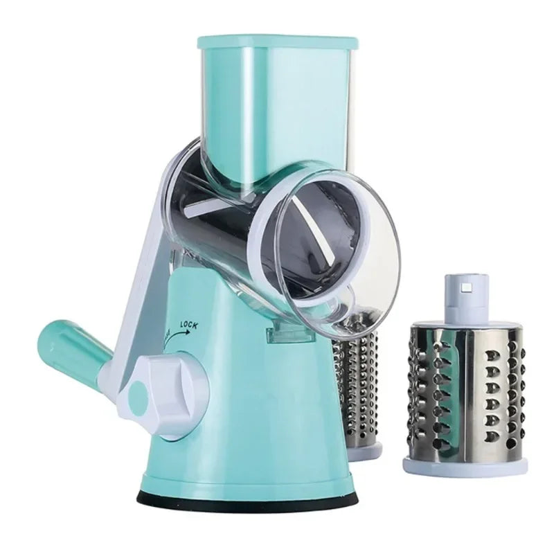 Manual vegetable cutter and slicer with 3 sharp drums for cheese, garlic, potato, multifunctional kitchen chopper shredder machine blue