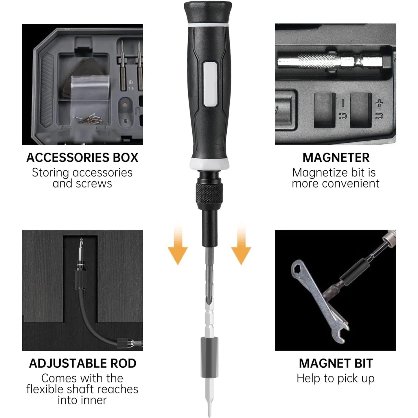 Screwdriver set with accessories box, magnetizer, adjustable rod, and magnet bit on a white background.