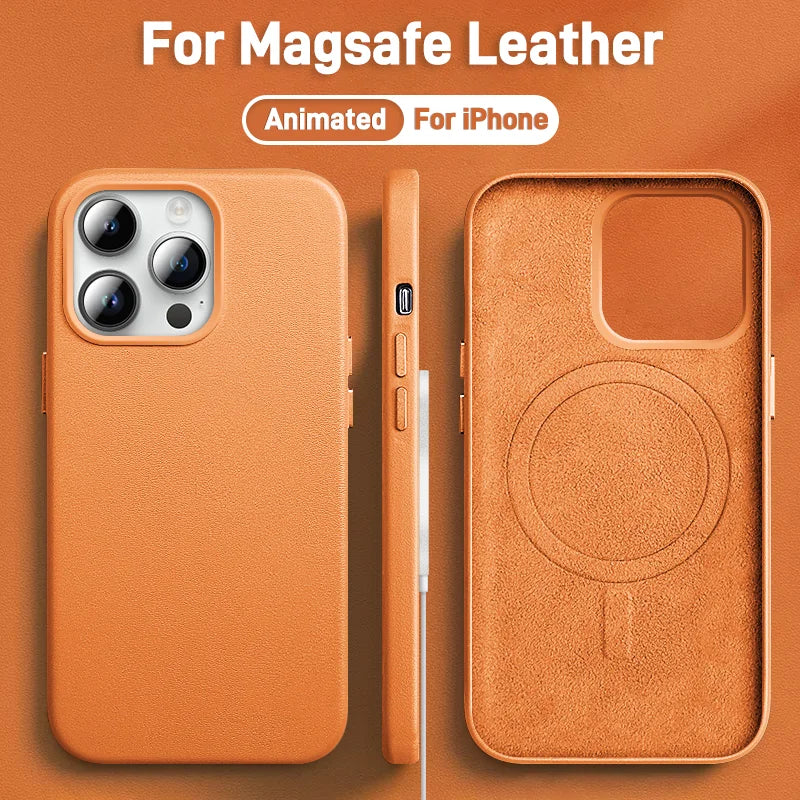 Luxury leather magnetic iPhone case with MagSafe and animated design for iPhone 15 14 13 Pro Max Plus Mini. orange