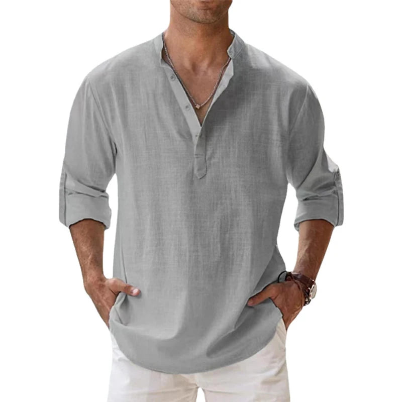 Lightweight men’s long sleeve cotton linen Henley shirt in casual beach style Light great