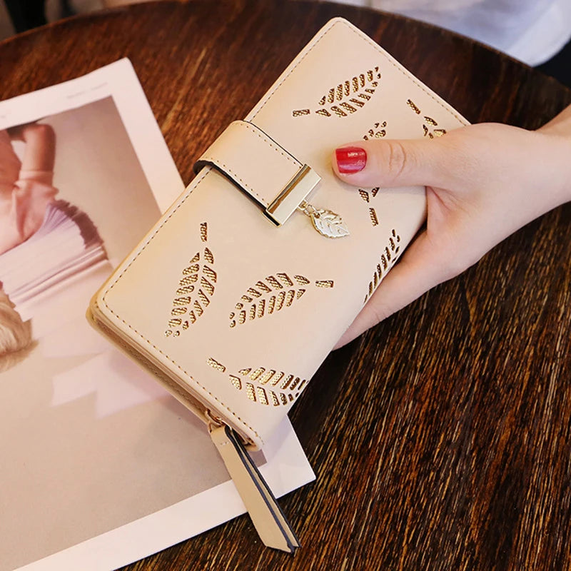 Women’s PU leather long wallet with hollow golden leaf buckle, coin purse, and card holders clutch4 beige