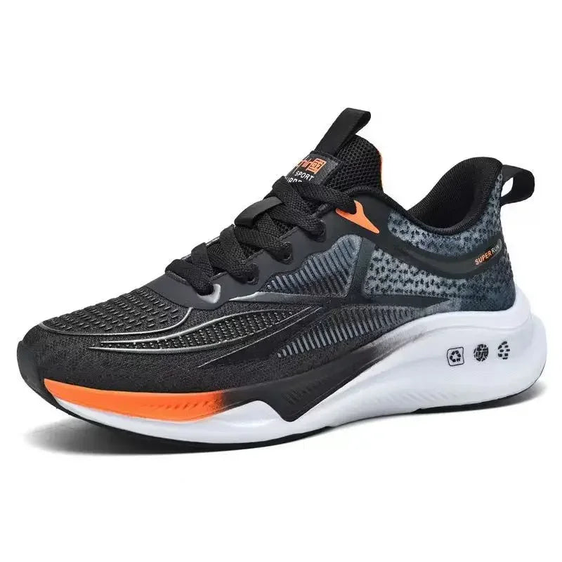 Black and orange running shoe on a white background
