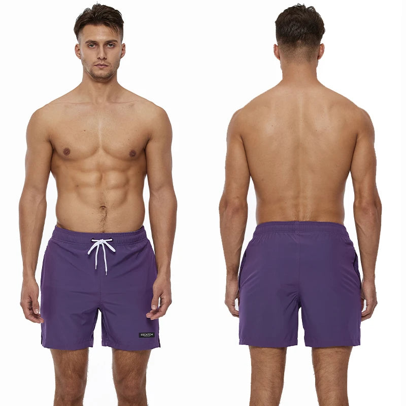 Man wearing purple swim shorts, shown from front and back on a white background
